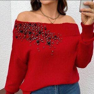 Elegant Red Off The Shoulder Sweater With Crystal Embellishments Plus SZ XXL
